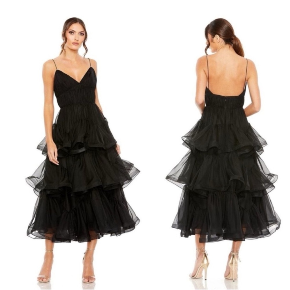 Mac Duggal Black Ruffled Backless Midi Dress